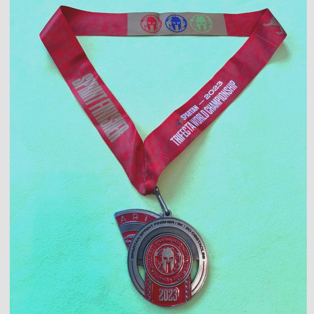 2023 Spartan Sprint Medal Sparta Greece Trifecta World Championship Ribbon